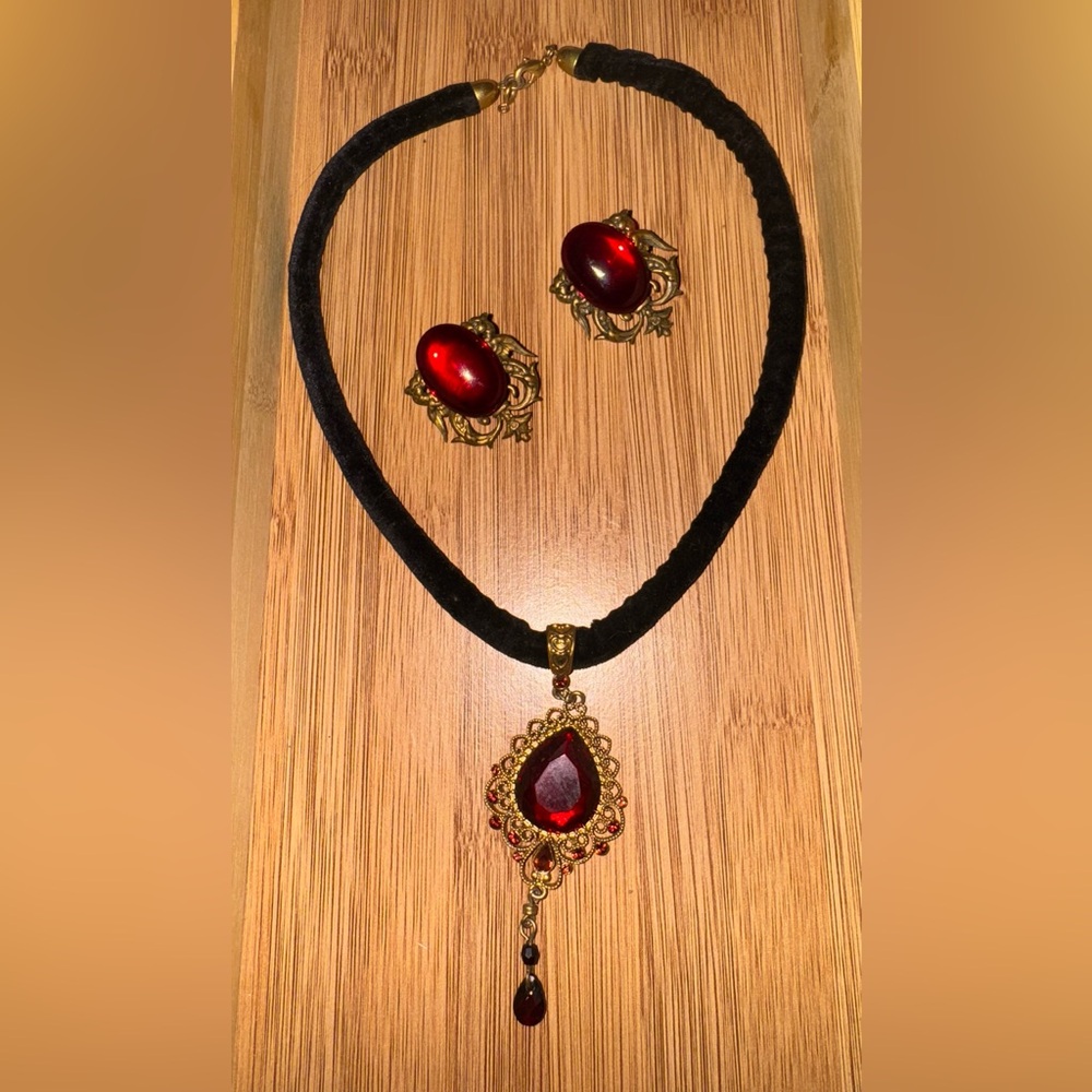 Gothic E-Girl Art Nouveau Brass And Red Jewelry Set w/ Dragon Earrings!!!